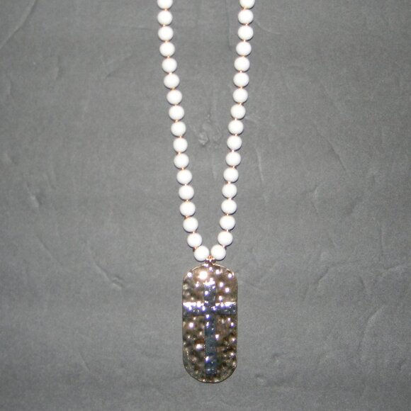 Cross Necklace Contemporary Gold/Silver with White Beads NEW - Picture 6 of 10